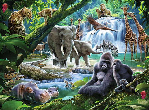 A vibrant 100-piece jigsaw puzzle titled 'Jungle Animals' by Ravensburger. The scene features a lush jungle with a variety of animals including elephants, giraffes, lions, zebras, gorillas, and more, set by a waterfall. The detailed illustration captures the beauty and diversity of jungle life, surrounded by rich greenery and colorful foliage.