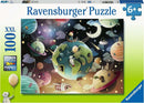 The Planet Playground jigsaw puzzle by Ravensburger features a whimsical design with a colorful depiction of the Earth surrounded by planets, stars, and playful animals, creating a magical universe scene. This 100-piece XXL puzzle is suitable for ages 6 and up.