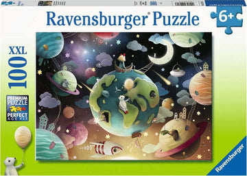 The Planet Playground jigsaw puzzle by Ravensburger features a whimsical design with a colorful depiction of the Earth surrounded by planets, stars, and playful animals, creating a magical universe scene. This 100-piece XXL puzzle is suitable for ages 6 and up.