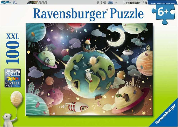 The Planet Playground jigsaw puzzle by Ravensburger features a whimsical design with a colorful depiction of the Earth surrounded by planets, stars, and playful animals, creating a magical universe scene. This 100-piece XXL puzzle is suitable for ages 6 and up.
