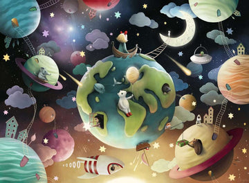 A whimsical jigsaw puzzle depicting a vibrant cosmic scene with various playful animals on colorful planets. A girl in a boat sails among the planets under a starry sky, showcasing a blend of imagination and adventure in space.