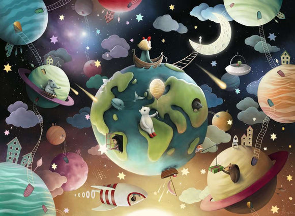 A whimsical jigsaw puzzle depicting a vibrant cosmic scene with various playful animals on colorful planets. A girl in a boat sails among the planets under a starry sky, showcasing a blend of imagination and adventure in space.