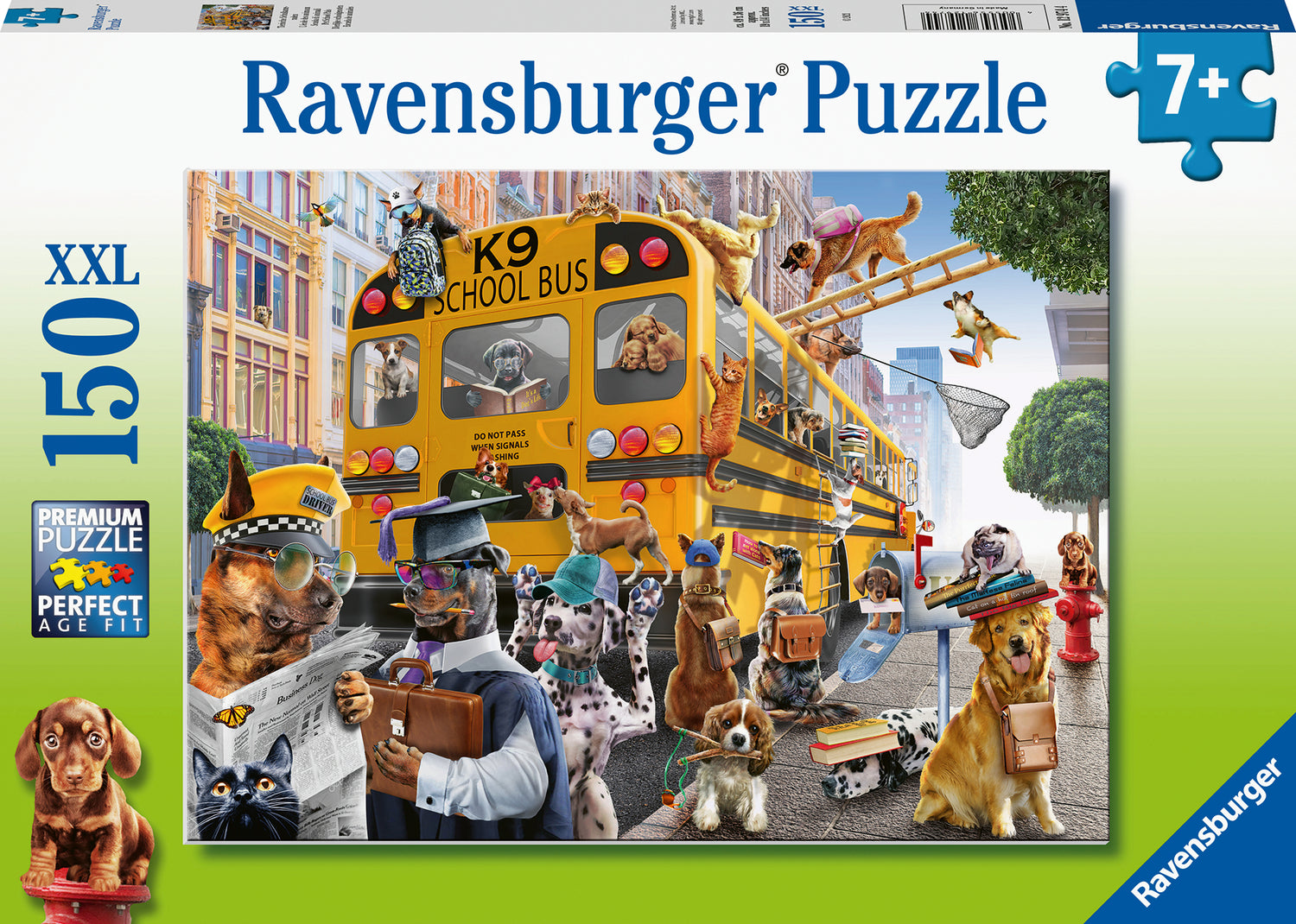 Ravensburger 150-piece jigsaw puzzle featuring a colorful and whimsical scene with various dogs and animals dressed in outfits, interacting around a yellow school bus. The puzzle design showcases playful pets in a vibrant city setting, perfect for animal lovers and puzzle enthusiasts aged 7 and up.