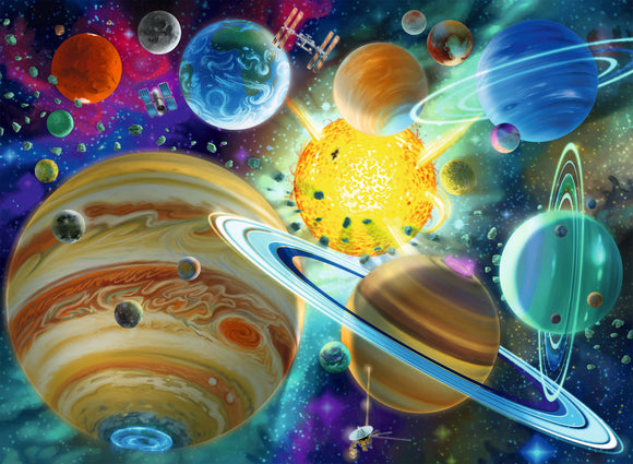 A vivid and colorful jigsaw puzzle featuring a cosmic scene with planets, a bright sun, and various celestial elements against a starry backdrop. The image includes detailed illustrations of planets such as Jupiter and Saturn, with their distinctive rings and textures, surrounded by smaller celestial bodies and space debris, showcasing a vibrant galaxy.