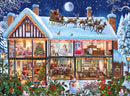 A vibrant jigsaw puzzle design titled 'Christmas at Home Seasonal 100' by Ravensburger. It depicts a cozy house decorated for Christmas, showcasing a snow-covered roof, Santa in his sleigh, and various festive scenes inside each room including a decorated tree, a family gathering, and a snowman outside.