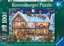 Christmas at Home Seasonal 100 jigsaw puzzle by Ravensburger. A vibrant illustration showing a cozy, festive home with decorated rooms, a Christmas tree, and Santa flying in a sleigh pulled by reindeer against a snowy backdrop. Perfect for holiday fun and family bonding.
