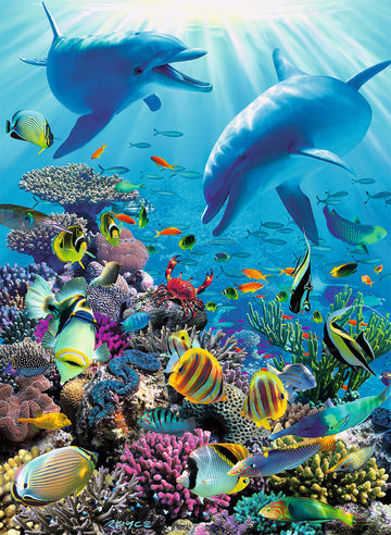 A vibrant underwater scene featuring two dolphins swimming over a colorful coral reef filled with various species of fish, including butterfly fish, clownfish, and a crab. The clear blue water and sun rays illuminating the scene create a lively and enchanting atmosphere.