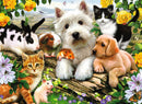 A colorful jigsaw puzzle featuring various happy animals including a white dog, a golden retriever puppy, a cat, a rabbit, guinea pigs, and other small pets surrounded by vibrant flowers and greenery. The scene is set in a lush landscape, making it cheerful and inviting.
