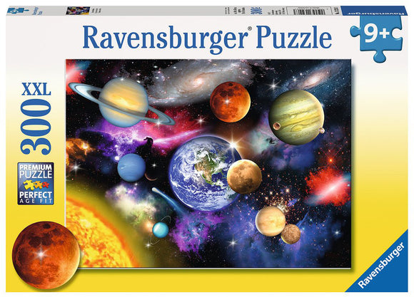 Ravensburger Solar System jigsaw puzzle featuring 300 pieces, illustrating various planets, stars, and galaxies against a cosmic background. Ideal for ages 9 and up.