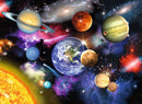 A vibrant 300-piece jigsaw puzzle featuring a colorful depiction of the solar system. The design includes planets like Earth, Mars, Saturn, and Jupiter, set against a starry cosmic background with swirling galaxies and the sun shining brightly. This puzzle is suitable for educational family fun and promotes an interest in astronomy.