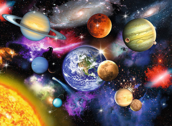 A vibrant 300-piece jigsaw puzzle featuring a colorful depiction of the solar system. The design includes planets like Earth, Mars, Saturn, and Jupiter, set against a starry cosmic background with swirling galaxies and the sun shining brightly. This puzzle is suitable for educational family fun and promotes an interest in astronomy.