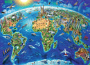 A vibrant jigsaw puzzle featuring a colorful illustration of famous world landmarks, including the Eiffel Tower, Great Wall of China, and the pyramids. The map showcases various regions of the globe filled with animals, vehicles, and lively landscapes, set against a bright blue ocean and sky. This 300-piece puzzle by Ravensburger is perfect for geography enthusiasts and puzzle lovers alike, offering a fun and educational experience.