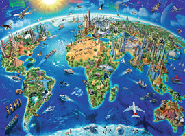 A vibrant jigsaw puzzle featuring a colorful illustration of famous world landmarks, including the Eiffel Tower, Great Wall of China, and the pyramids. The map showcases various regions of the globe filled with animals, vehicles, and lively landscapes, set against a bright blue ocean and sky. This 300-piece puzzle by Ravensburger is perfect for geography enthusiasts and puzzle lovers alike, offering a fun and educational experience.