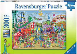 A colorful Ravensburger jigsaw puzzle featuring a lively carnival scene. The illustration depicts various attractions like a Ferris wheel, roller coaster, and colorful tents, with people enjoying games, food, and rides. The vibrant artwork showcases clowns, thrill-seekers, and lively activities, perfect for puzzle enthusiasts aged 9 and up.