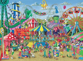 A vibrant and colorful scene of a carnival filled with various attractions, including a roller coaster, carousel, ferris wheel, and numerous visitors enjoying activities such as candy floss, games, and rides. The artwork is lively, showcasing a multitude of characters, including clowns and children, against a backdrop of clear skies and festive decorations.