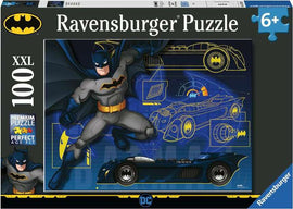 Batman 100-piece jigsaw puzzle by Ravensburger featuring a colorful illustration of Batman alongside blueprints of the Batmobile. The box emphasizes 'XXL' size, indicating larger puzzle pieces suited for ages 6 and up. The design showcases vibrant colors and iconic Batman symbols, perfect for fans of the superhero.