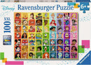 Disney Color Palette 100-piece jigsaw puzzle by Ravensburger featuring a vibrant grid of beloved Disney characters including Mickey Mouse, Elsa, and many more. Perfect for ages 6 and up and designed to offer a premium puzzle experience with perfect age fit.