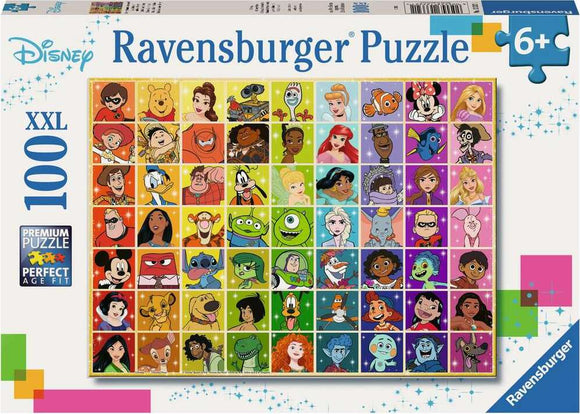 Disney Color Palette 100-piece jigsaw puzzle by Ravensburger featuring a vibrant grid of beloved Disney characters including Mickey Mouse, Elsa, and many more. Perfect for ages 6 and up and designed to offer a premium puzzle experience with perfect age fit.