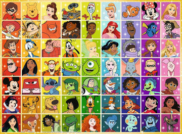 A vibrant jigsaw puzzle featuring a Disney Color Palette with 100 pieces. The puzzle showcases beloved Disney characters, including iconic figures from 'Toy Story', 'Frozen', 'The Little Mermaid', and more, arranged in a rainbow of colors, appealing to both children and Disney fans.