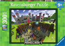 Ravensburger 300-piece jigsaw puzzle featuring a Minecraft cutaway scene, showcasing a vibrant landscape with a castle, characters, and underground elements. Suitable for ages 9 and up.