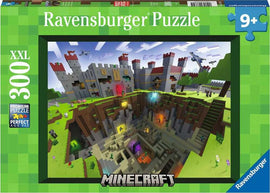 Ravensburger 300-piece jigsaw puzzle featuring a Minecraft cutaway scene, showcasing a vibrant landscape with a castle, characters, and underground elements. Suitable for ages 9 and up.
