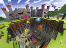 A colorful jigsaw puzzle featuring a Minecraft scene. The puzzle showcases a detailed cutaway view of a Minecraft world with castles, characters, and various landscapes. Players can see hidden treasures and characters like creepers and zombies, making it a fun and engaging image for puzzle enthusiasts.