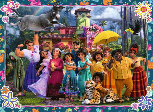 Encanto 100-piece jigsaw puzzle depicting a vibrant scene featuring characters from Disney's Encanto, surrounded by colorful flowers and tropical plants.