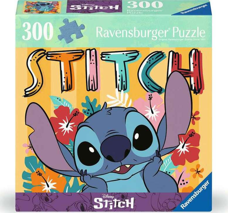 A colorful jigsaw puzzle box featuring Disney's Stitch from Lilo & Stitch, showcasing vibrant floral designs and the word 'STITCH' in playful, bold letters. The puzzle contains 300 pieces, ideal for family fun and entertainment.