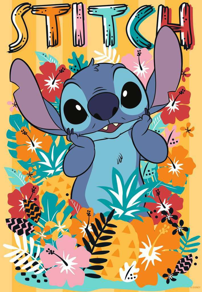 Puzzle Moments: Stitch 300 pc jigsaw puzzle featuring a vibrant illustration of Stitch surrounded by colorful tropical flowers and leaves, perfect for puzzle lovers and fans of Disney.