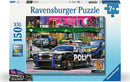Ravensburger Police on Patrol 150 pc jigsaw puzzle featuring a vibrant city scene with police cars and a bridge. The design includes various police vehicles, a cat, and city buildings in a colorful background, suitable for ages 7 and up.