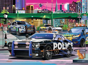 Ravensburger 150-piece jigsaw puzzle titled 'Police on Patrol', depicting a vibrant city scene with multiple police cars and a helicopter, set against a colorful skyline at dusk. Includes detailed designs of vehicles and urban elements, with a playful cat sitting nearby.
