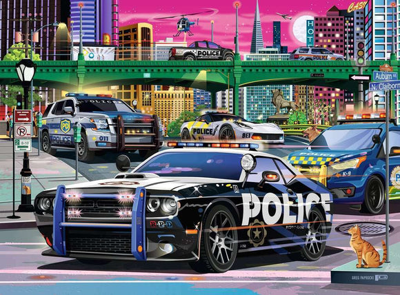 Ravensburger 150-piece jigsaw puzzle titled 'Police on Patrol', depicting a vibrant city scene with multiple police cars and a helicopter, set against a colorful skyline at dusk. Includes detailed designs of vehicles and urban elements, with a playful cat sitting nearby.