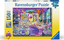 Ravensburger Stardust Scoops 150-piece jigsaw puzzle box showcasing a vibrant ice cream shop filled with colorful treats and decorations, featuring a whimsical design and perfect for ages 7 and up.