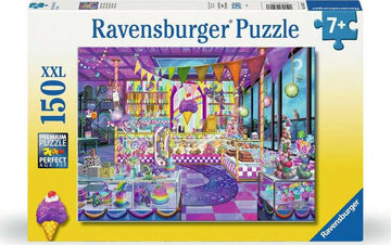 Ravensburger Stardust Scoops 150-piece jigsaw puzzle box showcasing a vibrant ice cream shop filled with colorful treats and decorations, featuring a whimsical design and perfect for ages 7 and up.