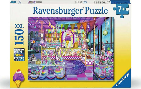 Ravensburger Stardust Scoops 150-piece jigsaw puzzle box showcasing a vibrant ice cream shop filled with colorful treats and decorations, featuring a whimsical design and perfect for ages 7 and up.