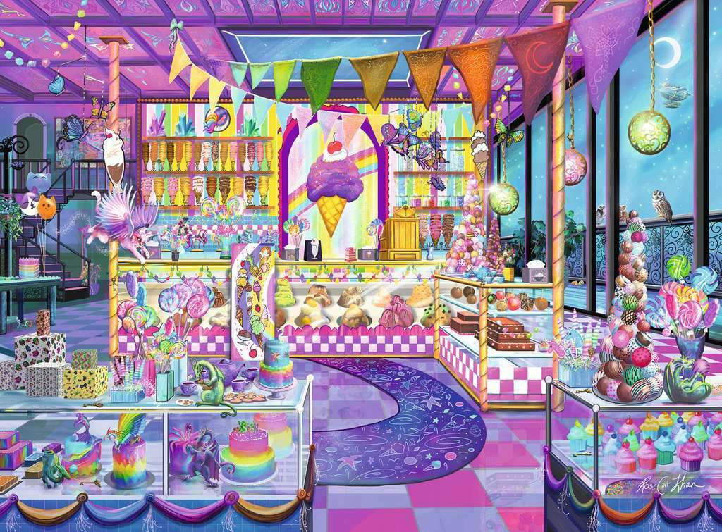 A colorful and whimsical jigsaw puzzle featuring a vibrant ice cream parlor filled with a variety of sweets, decorated with bunting and whimsical elements. The scene showcases a multitude of ice cream cones, cakes, candies, and playful creatures in a bright, cheerful setting, perfect for puzzle enthusiasts of all ages.