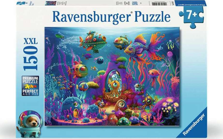 Ravensburger 150-piece jigsaw puzzle titled 'Alien Ocean' featuring a vibrant underwater scene filled with colorful fish, quirky submarines, and playful marine life, designed for ages 7 and up.