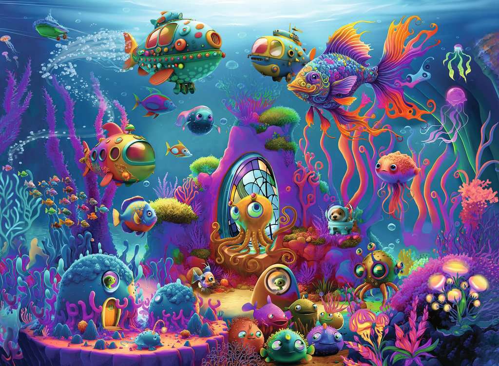 A vibrant 150-piece jigsaw puzzle by Ravensburger titled 'Alien Ocean.' The artwork depicts a colorful underwater scene filled with whimsical submarines, diverse fish, and corals in various shades of purple, green, and blue, creating a fantastical ocean world.