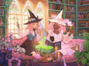 A whimsical jigsaw puzzle featuring two witches in a cozy library filled with colorful books, magical artifacts, and playful cats. One witch with pink hair is reading a book while the other, with curly hair and glasses, holds a potion. The serene setting includes a cauldron with green smoke and vibrant flowers, creating an enchanting atmosphere for puzzle enthusiasts.
