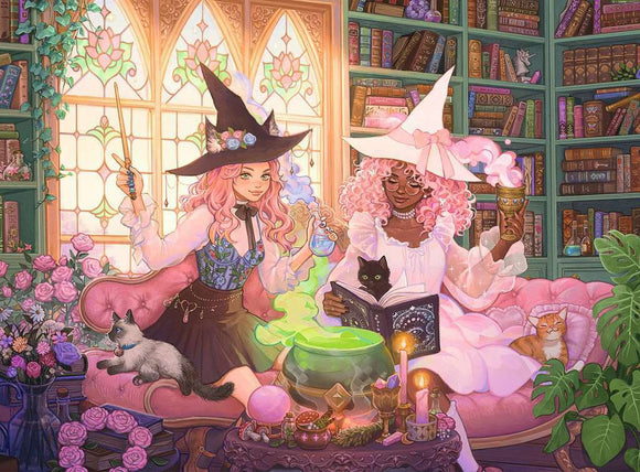 A whimsical jigsaw puzzle featuring two witches in a cozy library filled with colorful books, magical artifacts, and playful cats. One witch with pink hair is reading a book while the other, with curly hair and glasses, holds a potion. The serene setting includes a cauldron with green smoke and vibrant flowers, creating an enchanting atmosphere for puzzle enthusiasts.
