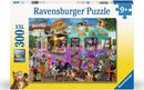 The Ravensburger Hot Diggity Dogs 300-piece jigsaw puzzle features a colorful and whimsical scene of a hot dog stand adorned with playful cats and dogs. The vibrant food truck is decorated with various catchy signs, while several animals, including a dog and multiple cats, engage in fun activities around it. Perfect for puzzle lovers of all ages.