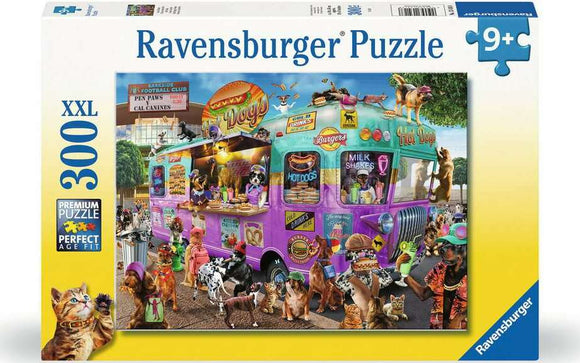 The Ravensburger Hot Diggity Dogs 300-piece jigsaw puzzle features a colorful and whimsical scene of a hot dog stand adorned with playful cats and dogs. The vibrant food truck is decorated with various catchy signs, while several animals, including a dog and multiple cats, engage in fun activities around it. Perfect for puzzle lovers of all ages.