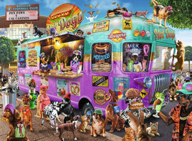 A vibrant and whimsical jigsaw puzzle featuring a colorful hot dog food truck surrounded by a variety of playful dogs. The scene includes dogs wearing hats and costumes, enjoying hot dogs, burgers, and milkshakes, creating a lively atmosphere suitable for all ages.