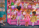 A colorful illustration featuring three young girls in ballet outfits, looking at a bakery display filled with decorated cakes and pastries. The scene is vibrant with pink and pastel colors, including balloons and a golden retriever with a ribbon in its mouth, creating a whimsical, enchanting atmosphere ideal for children.
