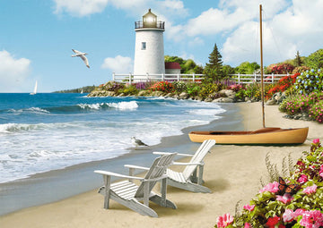 A scenic beach landscape featuring a lighthouse, a wooden sailboat on the shore, and two white Adirondack chairs overlooking the ocean. Vibrant flowers bloom along the beach, and a few seagulls fly above the waves under a clear blue sky, evoking a peaceful and picturesque coastal retreat.