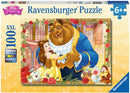 Belle & Beast 100-piece jigsaw puzzle by Ravensburger featuring an enchanting illustration of Disney's Belle and the Beast dancing amid roses and charming characters from the story. Suitable for ages 6 and up, this puzzle offers a delightful challenge and is perfect for family fun or quiet time.