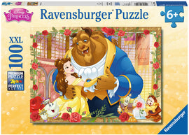 Belle & Beast 100-piece jigsaw puzzle by Ravensburger, featuring the enchanted characters Belle and the Beast in a beautifully illustrated scene surrounded by roses and iconic elements from the Disney story.