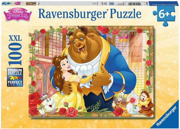 Belle & Beast 100-piece jigsaw puzzle by Ravensburger, featuring the enchanted characters Belle and the Beast in a beautifully illustrated scene surrounded by roses and iconic elements from the Disney story.