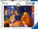 Lady and the Tramp 1000-piece jigsaw puzzle by Ravensburger, featuring iconic Disney characters sharing spaghetti in a romantic alley setting, with detailed artwork and vibrant colors.