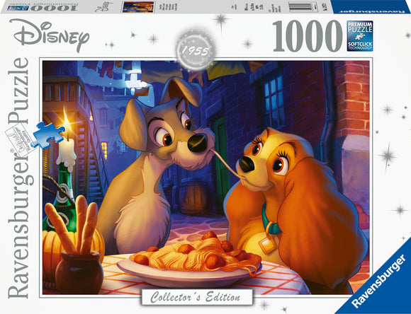 Lady and the Tramp 1000-piece jigsaw puzzle by Ravensburger, featuring iconic Disney characters sharing spaghetti in a romantic alley setting, with detailed artwork and vibrant colors.